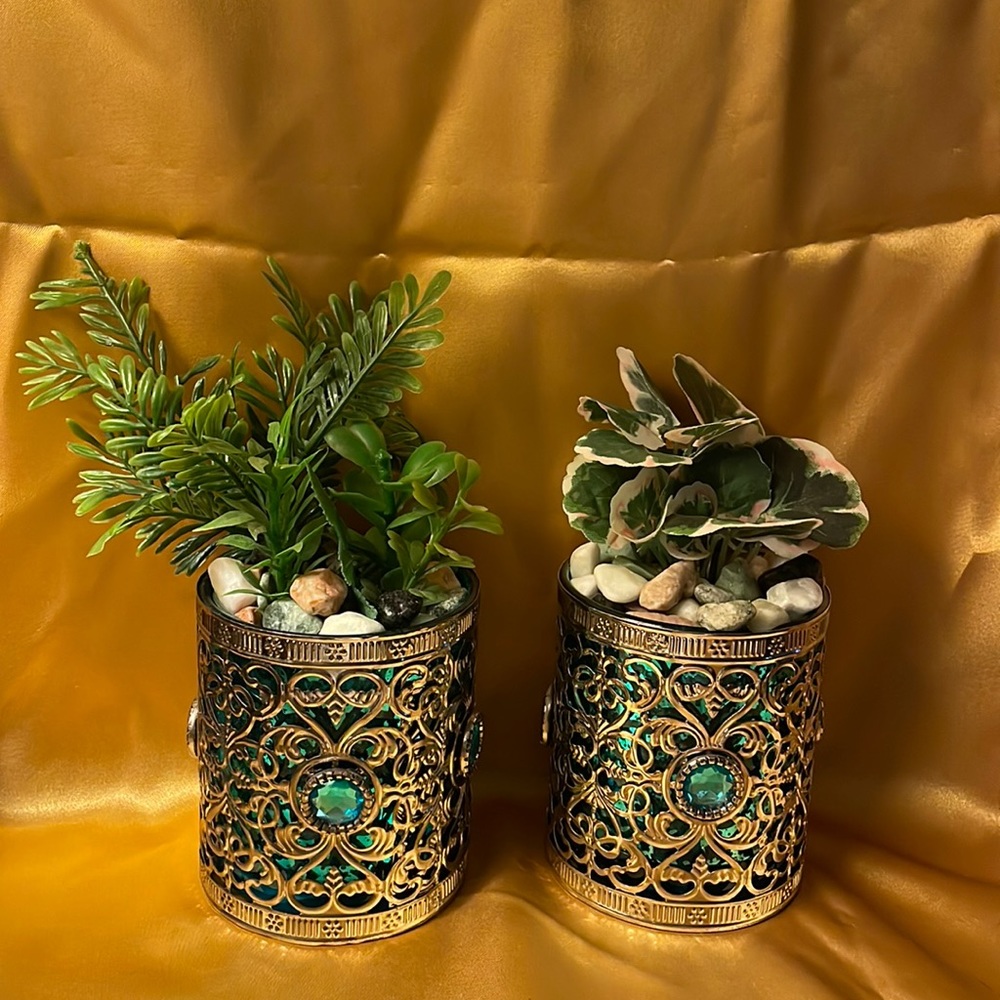 The Bombay Company metal over pair of teal  glass w/teal jewels & fake greenery